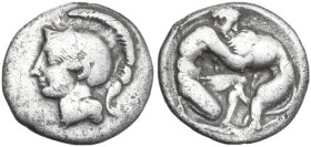 Greek Italy. Southern Apulia, Tarentum. AR Diobol, 325-280 BC. Obv. Helmeted head of Athena left. Rev. Herakles kneeling right and fighting lion. HN I...