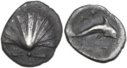 Greek Italy. Southern Apulia, Tarentum. AR Litra, c. 325-280 BC. Obv. Scallop shell. Rev. Dolphin right; below, caduceus. HN Italy 979; Vlasto 1508. A...