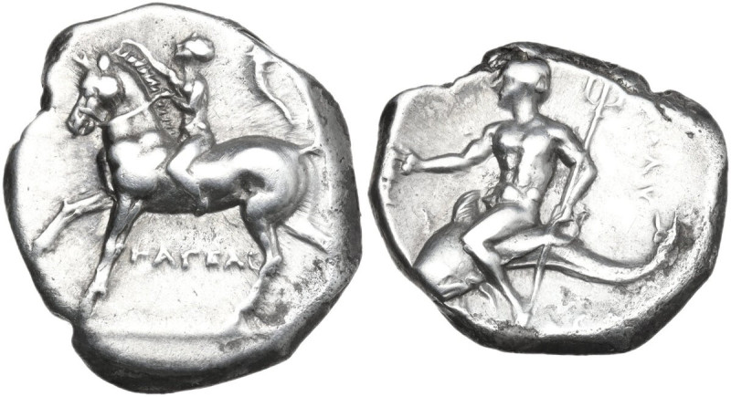 Greek Italy. Southern Apulia, Tarentum. AR Nomos, 281-272 BC. Obv. Horseman left...