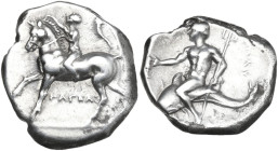 Greek Italy. Southern Apulia, Tarentum. AR Nomos, 281-272 BC. Obv. Horseman left, crowning horse; to right, cornucopiae. Rev. Phalanthos riding on dol...