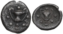 Greek Italy. Southern Apulia, Tarentum. AR Obol, 280-228 BC. Obv. Kantharos surrounded by five pellets. Rev. Kantharos surrounded by five pellets. HN ...