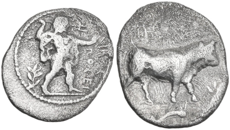 Greek Italy. Lucania, Poseidonia-Paestum. AR Diobol, 445-420 BC. Obv. Poseidon s...
