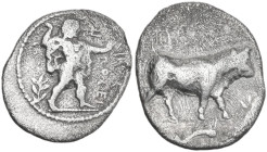 Greek Italy. Lucania, Poseidonia-Paestum. AR Diobol, 445-420 BC. Obv. Poseidon striding right, brandishing trident, cloak hanging from shoulders; behi...