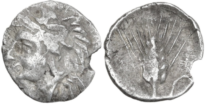 Greek Italy. Southern Lucania, Metapontum. AR Diobol, 325-275 BC. Obv. Helmeted ...