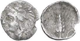 Greek Italy. Southern Lucania, Metapontum. AR Diobol, 325-275 BC. Obv. Helmeted head of Athena left. Rev. Ear of barley. Cf. HN Italy 1595 (head right...