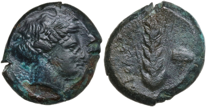Greek Italy. Southern Lucania, Metapontum. AE Obol, 425-350 BC. Obv. Head of Dem...