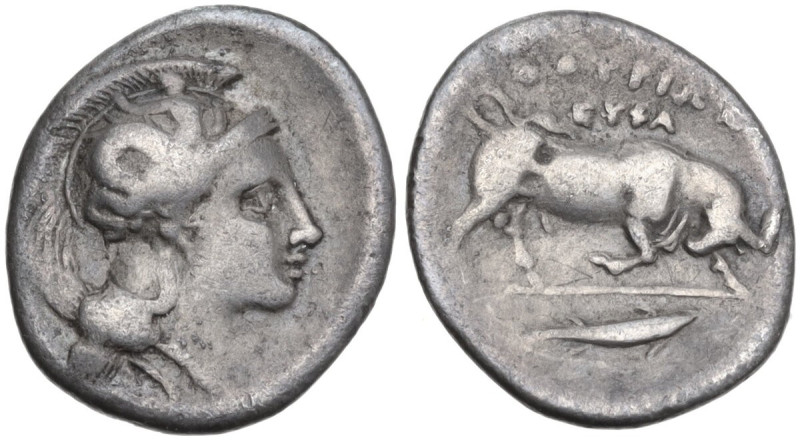 Greek Italy. Southern Lucania, Thurium. AR Triobol, 300-280 BC. Obv. Head of Ath...