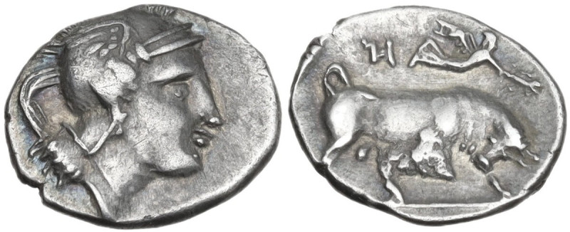 Greek Italy. Southern Lucania, Thurium. AR Diobol, c. 350-300 B.C. Obv. Helmeted...