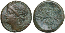 Greek Italy. Southern Lucania, Thurium. AE 15 mm, 280-213 BC. Obv. Laureate head of Apollo left. Rev. Winged thunderbolt. HN Italy 1927; HGC 1 1291. A...