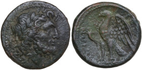 Greek Italy. Bruttium, The Brettii. AE Unit, 214-211 BC. Obv. Laureate head of Zeus right. Rev. Eagle standing left on thunderbolt, wings open; to lef...