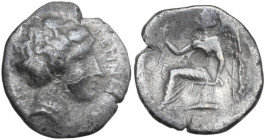 Greek Italy. Bruttium, Terina. AR Drachm, c. 350-300 BC. Obv. Head of the nymph Terina right. Rev. Nike seated left on plinth, holding out right hand ...