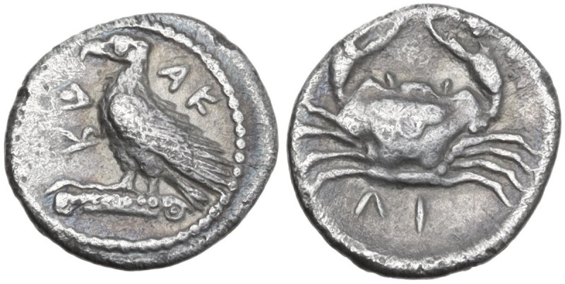 Sicily. Akragas. AR Litra, c. 450-440 BC. Obv. AK-PA (retrograde). Eagle standin...