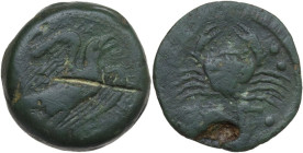Sicily. Akragas. AE Hemilitron, c. 425-406 BC. Obv. Eagle on serpent right. Rev. Crab; six pellets above; below, crayfish left. CNS I 29; HGC 2 138. A...