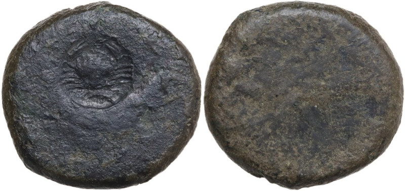 Sicily. Akragas. Countermark on earlier AE Hemilitron , c. 405-367 BC. Obv. Oval...