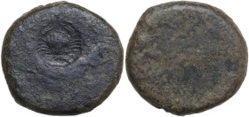 Sicily. Akragas. Countermark on earlier AE Hemilitron , c. 405-367 BC. Obv. Oval incuse countermark containing crab; traces of undertype. Rev. Traces ...