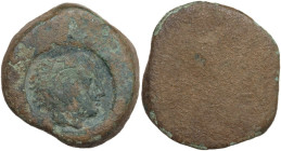 Sicily. Akragas. Countermark on earlier AE Hemilitron, c. 405-367 BC. Obv. Round incuse countermark with Herakles' head right. Rev. Blank. CNS I 92 CM...