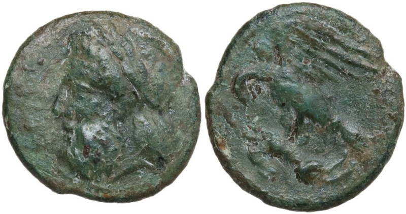 Sicily. Akragas. AE 17 mm, c. 338-287 BC. Obv. Head of Zeus left, laureate. Rev....