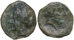 Sicily. Entella. AE 16 mm, c. 425-404 BC. Obv. Female head (Entella?) left, hair bound in ampyx and sphendone. Rev. Male bearded head right, wearing t...