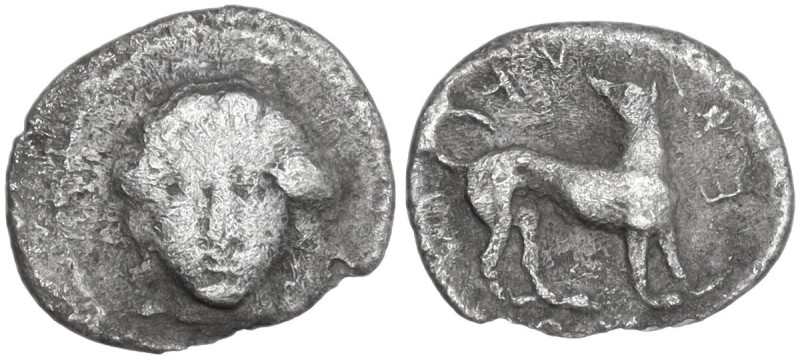 Sicily. Eryx. AR Litra, 450-440 BC. Obv. Facing head of Aphrodite. Rev. Dog stan...