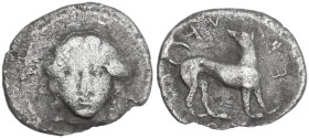 Sicily. Eryx. AR Litra, 450-440 BC. Obv. Facing head of Aphrodite. Rev. Dog standing right, head left. HGC 2 297. AR. 0.67 g. 11.50 mm. Lightly toned....