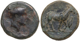 Sicily. Eryx. AE Onkia, c. 400-340 BC. Obv. Female head (Aphrodite?) right. Rev. Horse standing right; to right, grain of barley. Cf. CNS I 16 (no gra...