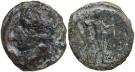 Sicily. Herbita. AE 16 mm., c. 339/8-330 BC. Obv. Female head left. Rev. Youth standing right, holding branch (?) and spear. HGC 2 418. AE. 4.01 g. 16...