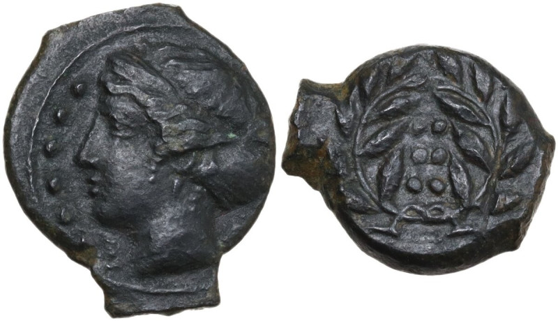 Sicily. Himera. AE Hemiltron, c. 415-409 BC. Obv. Head of nymph left; before, si...