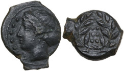 Sicily. Himera. AE Hemiltron, c. 415-409 BC. Obv. Head of nymph left; before, six pellets. Rev. Six pellets within wreath. HGC 2 479; CNS I 35. AE. 3....