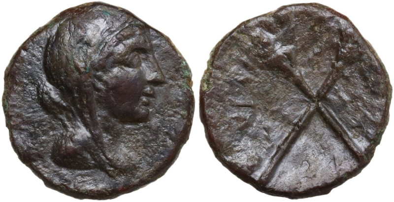Sicily. Menaion. Roman Rule. AE 16 mm, 200-150 BC. Obv. Veiled and draped bust o...