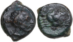 Sicily. Motya. AE Onkia, c. 415-397 BC. Obv. Head of female facing slightly right. Rev. Crab. Punic legend below. CNS I 9; HGC 2 945-946. AE. 2.83 g. ...