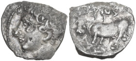 Sicily. Panormos. Siculo punic issues. AR Litra, 400-380 BC. Obv. Male head left. Rev. Man-headed bull standing left. Cf. HGC 2 1047. AR. 0.52 g. 10.5...