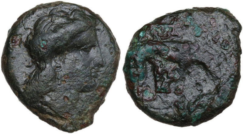 Sicily. Segesta. AE 19 mm., c. 390-380 BC. Obv. Anepigraphic. Head of Aigiste ri...