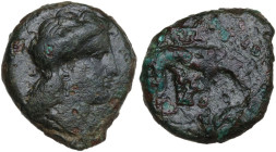 Sicily. Segesta. AE 19 mm., c. 390-380 BC. Obv. Anepigraphic. Head of Aigiste right. Rev. Hound scenting right. HGC 2 1200. AE. 6.56 g. 19.00 mm. Good...