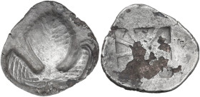 Sicily. Selinos. Fourrée Didrachm, c. 540-515 BC. Obv. Celery leaf; pellets to upper right and left, pellets flanking stem. Rev. Incuse square divided...