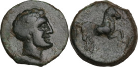Sicily. Solus. AE 13.5 mm, late 4th-early 3rd centuries BC. Obv. Bearded male head right, wearing earring. Rev. Horse prancing right. HGC 2 1259; CNS ...