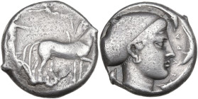 Sicily. Syracuse. Second Democracy (466-406 BC.). AR Tetradrachm, struck c. 430 BC. Obv. Charioteer, holding kentron and reins, driving slow quadriga ...