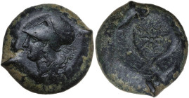 Sicily. Syracuse. Dionysios I to Dionysios II. AE Drachm, c. 375-344 BC. Obv. Helmeted head of Athena left. Rev. Two dolphins upright; between, star. ...