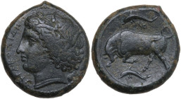 Sicily. Syracuse. Agathokles (317-289 BC). AE Hemilitron. Obv. Head of Persephone left, wearing wreath of grain; barley grain behind. Rev. Bull buttin...