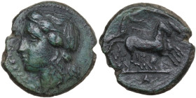 Sicily. Syracuse. Hiketas II (287-278 BC). AE Hemilitron. Obv. ΣΥΡΑΚΟΣΙΩΝ. Head of Persephone left, crowned with ears of corn; behind, ear of corn. Re...