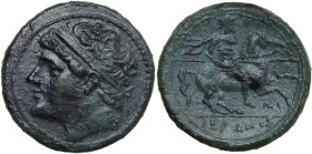 Sicily. Syracuse. Hieron II (274-216 BC). AE 29 mm. Obv. Diademed head left. Rev. Horseman right, holding spear; below, M I. CNS II 195 Rl 19; HGC 2 1...