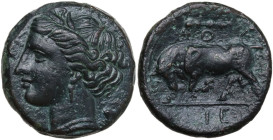 Sicily. Syracuse. Hieron II (275-215 BC). AE 18.5 mm, c. 275-269 BC. Obv. [ΣYPAKOΣIΩN]. Head of Kore left, wearing wreath of grain ears, earring and n...