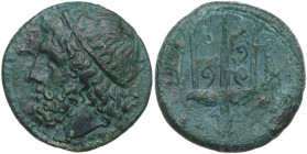 Sicily. Syracuse. Hieron II (275-215 BC). AE Litra, c. 240-215 BC. Obv. Diademed head of Poseidon left. Rev. Ornamented trident head flanked by two do...