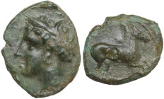 Punic Sardinia. AE Unit, c. 375-350 BC. Obv. Wreathed head of Triptolemos left, wearing circular earring. Rev. Rearing horse right. Lulliri pl. 23, 44...