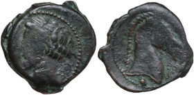 Punic Sardinia. AE 21 mm, 300-264 BC. Obv. Head of Tanit left, wearing wreath of grain. Rev. Head of horse right; to right, palm tree; below, pellet. ...