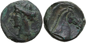 Punic Sardinia. AE 20 mm, 300-264 BC. Obv. Head of Tanit left, wearing wreath of grain. Rev. Head of horse right. SNG Cop. 149-150. AE. 4.83 g. 20.00 ...