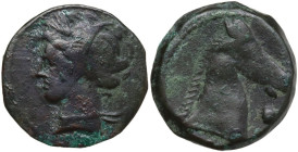 Punic Sardinia. AE 20 mm, 300-264 BC. Obv. Head of Tanit left, wearing wreath of grain. Rev. Head of horse right; to right, pellet. SNG Cop. 164. AE. ...