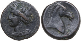 Punic Sardinia. AE 19 mm, 300-264 BC. Obv. Head of Tanit left, wearing wreath of grain. Rev. Head of horse right; to right, Punic letter. SNG Cop. 154...