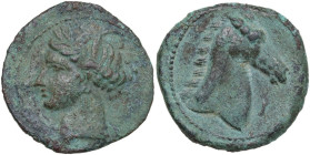Punic Sardinia. AE 20 mm, 300-264 BC. Obv. Head of Tanit left, wearing wreath of grain. Rev. Head of horse right; to right, Punic letter. SNG Cop. 161...
