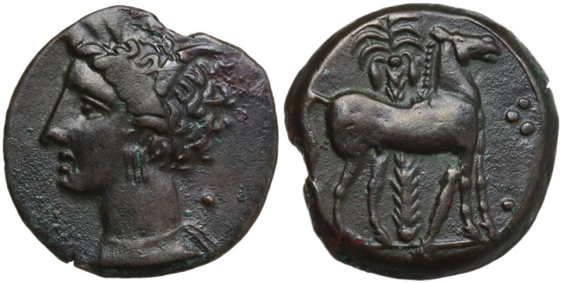 Punic Sicily. AE 15 mm, late 4th-early 3rd century BC. Obv. Head of Tanit left, ...