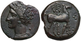 Punic Sicily. AE 15 mm, late 4th-early 3rd century BC. Obv. Head of Tanit left, wearing wreath of grain. Rev. Horse standing right before palm tree; t...